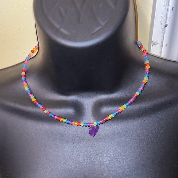 Y2K Multicolored Beaded Necklace With Purple Heart Pendant - Picture 2 of 8